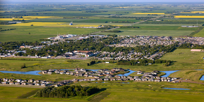 Aerial view of a small town and surrounding farmland